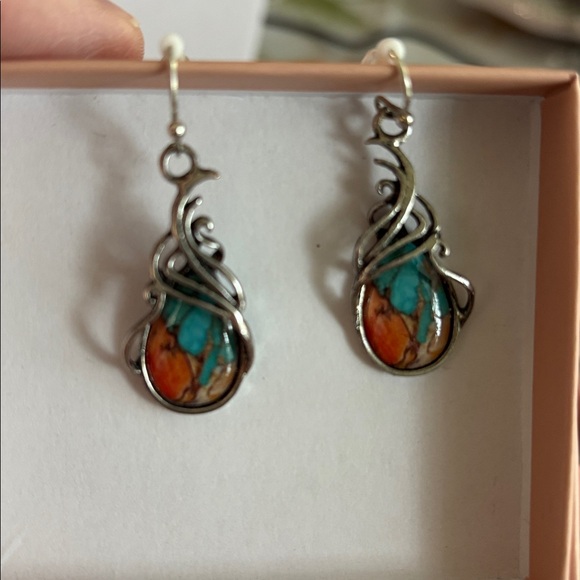 Artistic Silver Earrings with Turquoise and Orange Accents - Picture 2 of 4